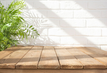 Wall Mural - planks of wood with space on white brick wall background