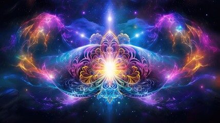 Wall Mural - Cosmic kaleidoscope background. Abstract sci-fi mandala fractal luminous neon glowing colorful lights wallpaper..