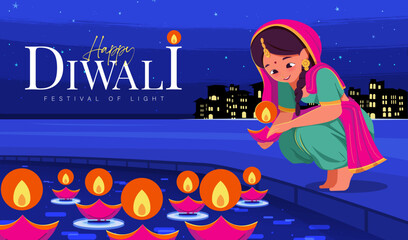 Poster - Indian Woman Wearing Saree Holding Diya Lamp Beside the River Celebrating Diwali Night Festival