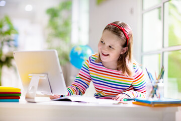 Wall Mural - Online remote learning. School kids with computer.