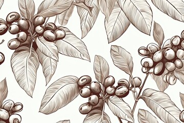 Wall Mural - Vector seamless pattern with hand drawn coffee plants and beans