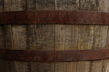 Canvas Print - Traditional wooden barrel as background, closeup. Wine making