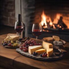 Poster - A cozy fireplace setting with two wine glasses and a cheese platter on a rustic table1