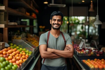 Smiling Indian male worker in a fruit shop with folded hands and looking at the camera