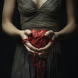 woman hands tired up with rope holding red blood heart torune pain concept