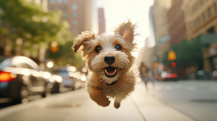 Wall Mural - A happy and cute dog as it raced through the streets