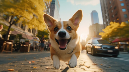 Wall Mural - A happy and cute dog as it raced through the streets