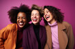 © Veronika - Portrait of three beautiful women laughing and looking at camera isolated over pink background. Generative Ai