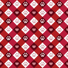 Christmas Plaid Pattern With Paw Prints Red And Pink Theme