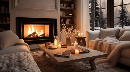 Poster - Cozy living room winter interior with fireplace