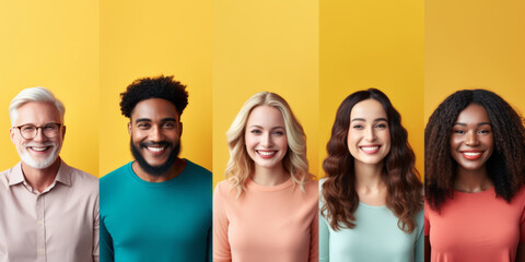 Portraits of happy multiethnic people smiling and looking at camera. on color background