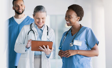 Poster - Doctors, healthcare and teamwork on tablet for online management, mentor advice and research support in clinic. Women, students or nurse on digital technology for medical charts or hospital data