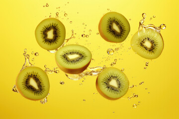 Wall Mural - slices of kiwi fruit on yellow background.