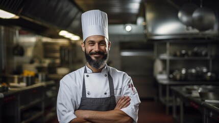 portrait of chef man in background professional kitchen