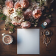 Wedding stationery on a vintage table with a matching bouquet of flowers created with Generative Ai
