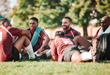 Sticker - Sports, training and people or rugby players in a circle for planning strategy for game or match. Fitness, group and athletes talking for team building and relax on an outdoor field for practice