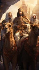 Three Wise Men wearing crowns and holding gifts riding on camels