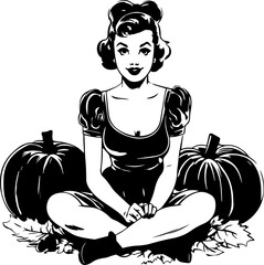 Wall Mural - Girl is sitting on pumpkins, Autumn pumpkin Illustration