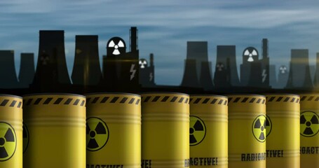 Wall Mural - Nuclear radioactive waste barrels in row seamless and loopable concept. Danger radiation pollution industrial containers.