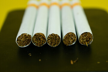 Close up cigarettes from the front, tobacco cigarette handmade