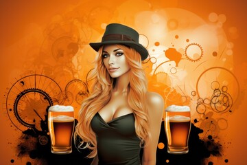 A woman in a hat holding two beer glasses, AI