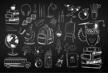 Wall Mural - vector chalk drawn illustration set of education and science items on chalkboard background.