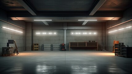 Wall Mural - an empty concrete garage. The well-lit space features clean walls, a polished concrete floor, and modern hanging lamps, creating a minimalist and functional design.