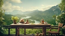 A Wooden Brown Table Outdoors In A Scenic Summer Landscape. On The Table, There Are Green Binoculars, A Cap, And Plenty Of Free Space For Your Customized Text Or Message.