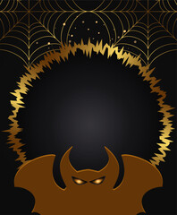 Wall Mural - Halloween holiday vector illustration background with golden rough frame, bat and spider web