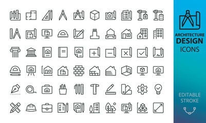 Poster - Architecture and design isolated icons set. Set of architectural project, blueprint, apartment plan, floorplan, divider, architecture drawing, architect, design tools vector icon with editable stroke