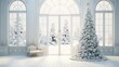 a majestic Christmas tree in a spacious, white room with arched windows. Adjacent to the tree is a white chair, and beneath the tree lie numerous white gifts, toys.