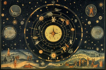 an ancient celestial map with intricate constellations and mythical figures.