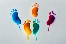 Colorful Steps Prints On The White Paper , Multicolor Foot Prints  On Concrete White Background, Artistic View 