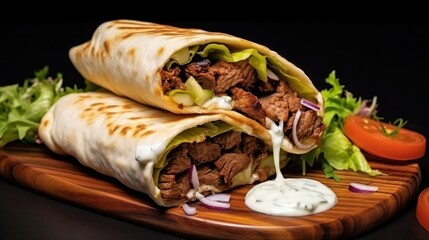 Wall Mural - Beef shawarma sandwich fresh roll, wrap of grilled meat and salad tortilla wrap with white sauce. turkish Doner Kebab on a lavash - Shawarma Beef.