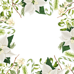 Wall Mural - Christmas frame, border with white poinsettia flowers, rosemary, snowberry, candy canes, fir branches and mistletoe.