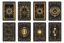 Tarot Cards Batch Reverse Side, Magic Frame With Esoteric Patterns And Mystic Symbols, Sun And Moon Sorcery, Vector