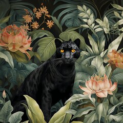 chinoiserie wallpaper art with tropical forest, black panther and fancy botanical with watercolor style 