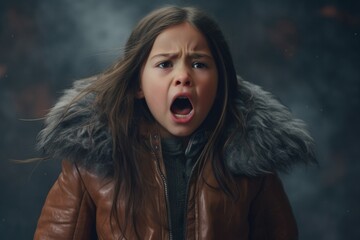 Wall Mural - A picture of a little girl wearing a brown jacket with a furry hood. Suitable for winter or outdoor-themed projects.