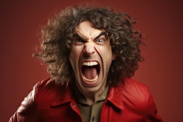 Poster - A picture of a man with long curly hair wearing a red jacket. This image can be used to depict a trendy and stylish individual in various settings.