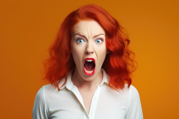 Canvas Print - A red-haired woman is captured in the midst of making a humorous expression. This image can be used to add a touch of playfulness to various projects.