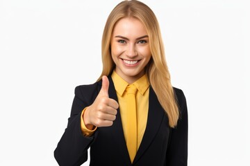 Poster - A professional woman in a business suit giving a thumbs up sign. Suitable for business and success concepts.