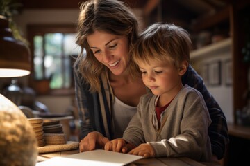 Mother and son have fun playing on the tablet computer in the living room at home. AI generative