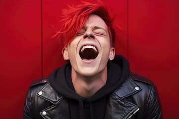 Poster - A picture of a man with red hair wearing a leather jacket. Perfect for showcasing a stylish and edgy look. Suitable for fashion, lifestyle, or urban-themed projects.