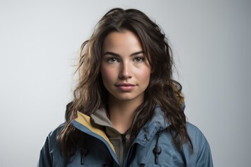 Aufkleber - A woman wearing a blue jacket poses for a picture. This versatile image can be used in various contexts.