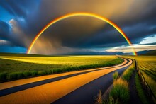 A Vibrant Rainbow Arching Over A Vast, Open Field