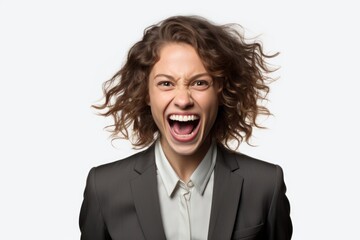 Poster - A woman wearing a suit is captured making a funny face. This image can be used to depict humor, comedy, or expressions of silliness.