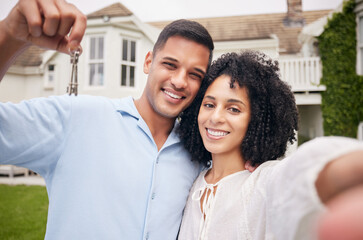 Sticker - Happy, selfie and couple with keys, real estate and post with happiness, celebration and homeowner. Portrait, man and woman with property, mortgage and support with investment and profile picture