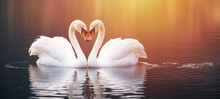 Heart Shape Of Love Symbol From The Neck Of Two White Swans. Kiss Each Other On Lake Sea At The Sunrise Shot, Love Birds, Valentine's Day, Wedding Day, Couple In Love, Beauty In Nature