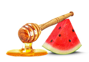 Sticker - dripping honey and watermelon isolated on white background