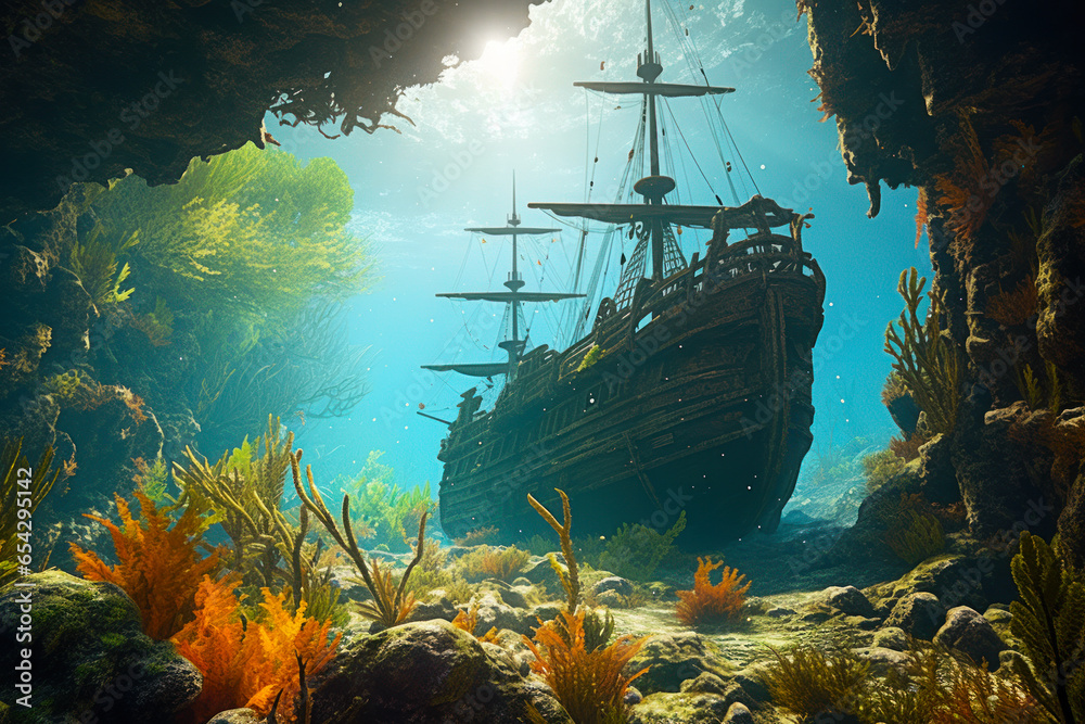 Underwater view of a sunken ship in a coral reef. Stock Photo | Adobe Stock